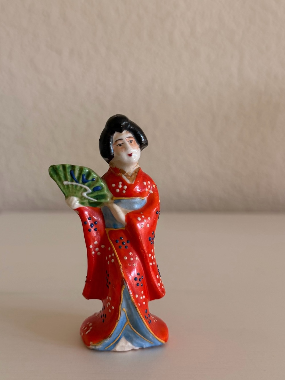 Vintage Geisha Figurine with Green Fan